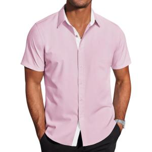 imageCOOFANDY Mens Short Sleeve Button Down Shirts Wrinkle Free Casual Summer Shirts Business Dress ShirtsLight Pink