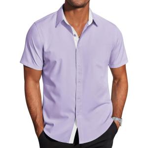 imageCOOFANDY Mens Short Sleeve Button Down Shirts Wrinkle Free Casual Summer Shirts Business Dress ShirtsLilac