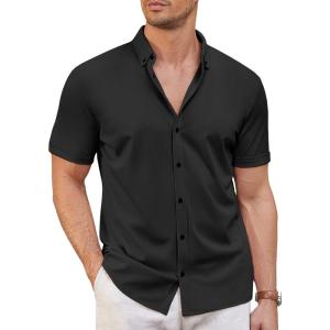 imageCOOFANDY Mens Short Sleeve Casual Button Down Shark Shirts Wrinkle Free Untucked Shirt Summer Stretch Dress ShirtsBlack