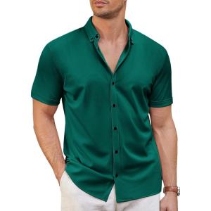 imageCOOFANDY Mens Short Sleeve Casual Button Down Shark Shirts Wrinkle Free Untucked Shirt Summer Stretch Dress ShirtsEvergreen