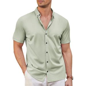 imageCOOFANDY Mens Short Sleeve Casual Button Down Shark Shirts Wrinkle Free Untucked Shirt Summer Stretch Dress ShirtsLight Green