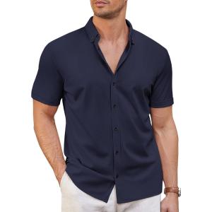 imageCOOFANDY Mens Short Sleeve Casual Button Down Shark Shirts Wrinkle Free Untucked Shirt Summer Stretch Dress ShirtsNavy Blue