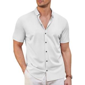imageCOOFANDY Mens Short Sleeve Casual Button Down Shark Shirts Wrinkle Free Untucked Shirt Summer Stretch Dress ShirtsWhite