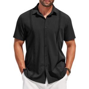 imageCOOFANDY Mens Short Sleeve Cuban Guayabera Shirt Casual Summer Beach Button Down ShirtsAblack