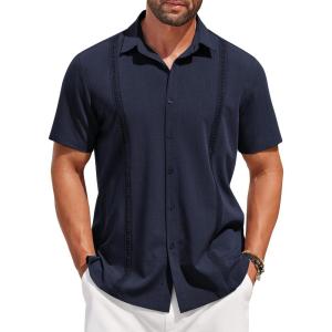 imageCOOFANDY Mens Short Sleeve Cuban Guayabera Shirt Casual Summer Beach Button Down ShirtsAnavy Blue
