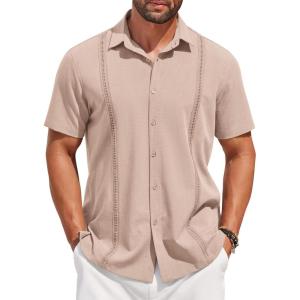 imageCOOFANDY Mens Short Sleeve Cuban Guayabera Shirt Casual Summer Beach Button Down ShirtsApricot