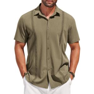 imageCOOFANDY Mens Short Sleeve Cuban Guayabera Shirt Casual Summer Beach Button Down ShirtsArmy Green