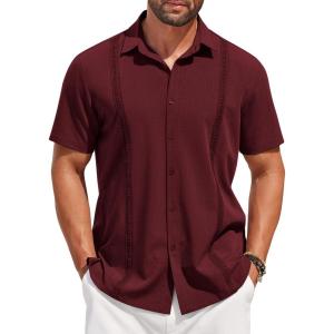 imageCOOFANDY Mens Short Sleeve Cuban Guayabera Shirt Casual Summer Beach Button Down ShirtsAwine Red