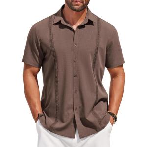 imageCOOFANDY Mens Short Sleeve Cuban Guayabera Shirt Casual Summer Beach Button Down ShirtsBrown