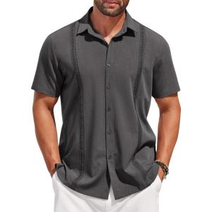 imageCOOFANDY Mens Short Sleeve Cuban Guayabera Shirt Casual Summer Beach Button Down ShirtsDeep Grey
