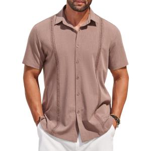 imageCOOFANDY Mens Short Sleeve Cuban Guayabera Shirt Casual Summer Beach Button Down ShirtsDeep Pink