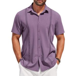imageCOOFANDY Mens Short Sleeve Cuban Guayabera Shirt Casual Summer Beach Button Down ShirtsDeep Purple