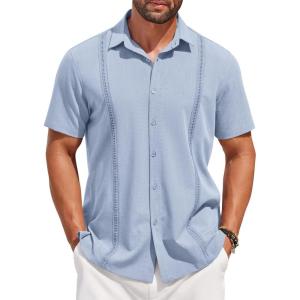 imageCOOFANDY Mens Short Sleeve Cuban Guayabera Shirt Casual Summer Beach Button Down ShirtsLight Blue