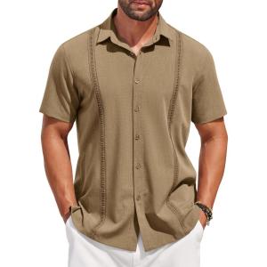 imageCOOFANDY Mens Short Sleeve Cuban Guayabera Shirt Casual Summer Beach Button Down ShirtsLight Brown