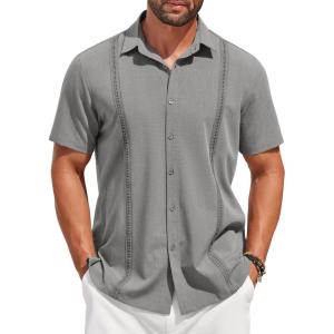 imageCOOFANDY Mens Short Sleeve Cuban Guayabera Shirt Casual Summer Beach Button Down ShirtsLight Grey