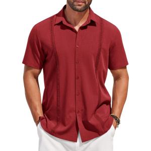 imageCOOFANDY Mens Short Sleeve Cuban Guayabera Shirt Casual Summer Beach Button Down ShirtsRed
