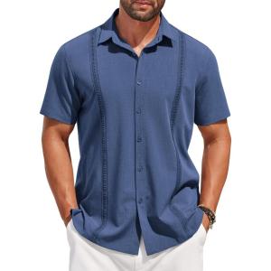imageCOOFANDY Mens Short Sleeve Cuban Guayabera Shirt Casual Summer Beach Button Down ShirtsRoyal Blue