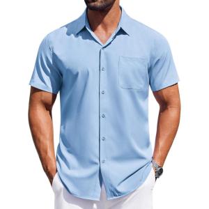 imageCOOFANDY Mens Short Sleeve Dress Shirts Button Down Shirts Regular Fit Business Casual Shirt with PocketLight Blue