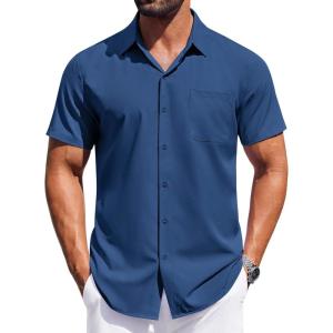 imageCOOFANDY Mens Short Sleeve Dress Shirts Button Down Shirts Regular Fit Business Casual Shirt with PocketNavy