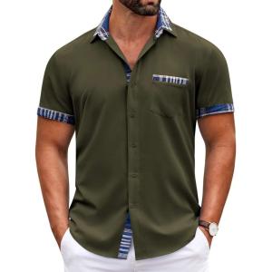 imageCOOFANDY Mens Short Sleeve Dress Shirts Casual Wrinkle Free Shirt Plaid Collar Summer Button Down ShirtsArmy Green