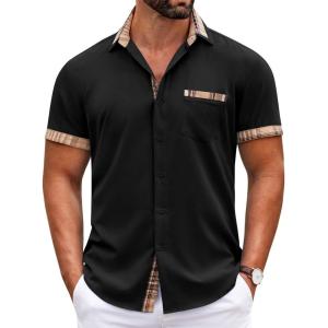 imageCOOFANDY Mens Short Sleeve Dress Shirts Casual Wrinkle Free Shirt Plaid Collar Summer Button Down ShirtsBlack