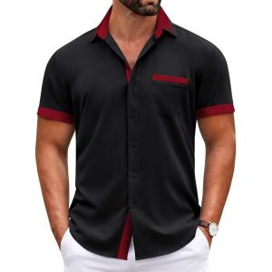 imageCOOFANDY Mens Short Sleeve Dress Shirts Casual Wrinkle Free Shirt Plaid Collar Summer Button Down ShirtsBlackred