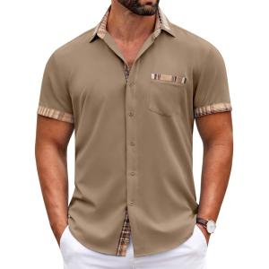 imageCOOFANDY Mens Short Sleeve Dress Shirts Casual Wrinkle Free Shirt Plaid Collar Summer Button Down ShirtsBrown