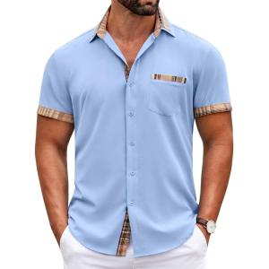 imageCOOFANDY Mens Short Sleeve Dress Shirts Casual Wrinkle Free Shirt Plaid Collar Summer Button Down ShirtsClear Blue