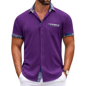 imageCOOFANDY Mens Short Sleeve Dress Shirts Casual Wrinkle Free Shirt Plaid Collar Summer Button Down ShirtsDark Purple