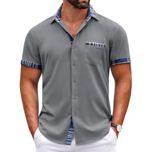 imageCOOFANDY Mens Short Sleeve Dress Shirts Casual Wrinkle Free Shirt Plaid Collar Summer Button Down ShirtsGrey