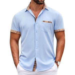 imageCOOFANDY Mens Short Sleeve Dress Shirts Casual Wrinkle Free Shirt Plaid Collar Summer Button Down ShirtsLight Blue