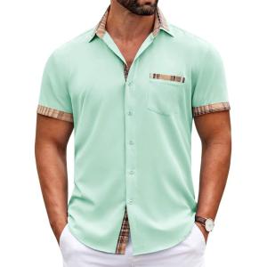 imageCOOFANDY Mens Short Sleeve Dress Shirts Casual Wrinkle Free Shirt Plaid Collar Summer Button Down ShirtsLight Green