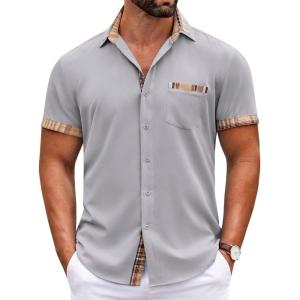 imageCOOFANDY Mens Short Sleeve Dress Shirts Casual Wrinkle Free Shirt Plaid Collar Summer Button Down ShirtsLight Grey