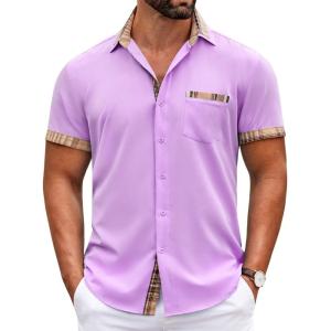imageCOOFANDY Mens Short Sleeve Dress Shirts Casual Wrinkle Free Shirt Plaid Collar Summer Button Down ShirtsLight Purple