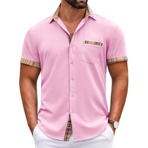imageCOOFANDY Mens Short Sleeve Dress Shirts Casual Wrinkle Free Shirt Plaid Collar Summer Button Down ShirtsPink