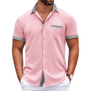 imageCOOFANDY Mens Short Sleeve Dress Shirts Casual Wrinkle Free Shirt Plaid Collar Summer Button Down ShirtsPinkstripe