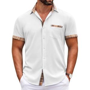 imageCOOFANDY Mens Short Sleeve Dress Shirts Casual Wrinkle Free Shirt Plaid Collar Summer Button Down ShirtsWhite