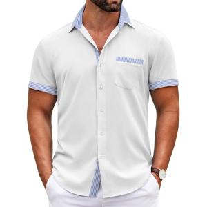 imageCOOFANDY Mens Short Sleeve Dress Shirts Casual Wrinkle Free Shirt Plaid Collar Summer Button Down ShirtsWhiteblue Stripe