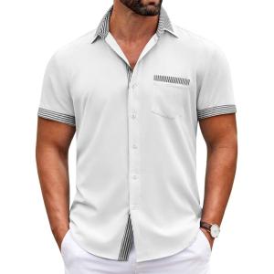 imageCOOFANDY Mens Short Sleeve Dress Shirts Casual Wrinkle Free Shirt Plaid Collar Summer Button Down ShirtsWhitestripe