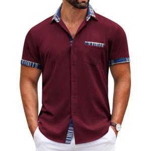imageCOOFANDY Mens Short Sleeve Dress Shirts Casual Wrinkle Free Shirt Plaid Collar Summer Button Down ShirtsWine Red