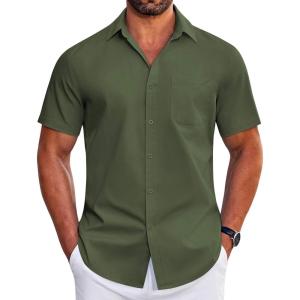 imageCOOFANDY Mens Short Sleeve Dress Shirts Wrinkle Free Business Casual Button Down Shirt with PocketArmy Green