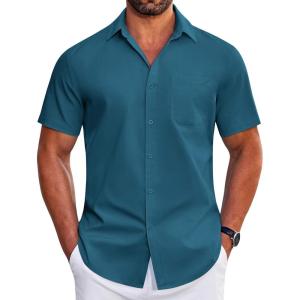 imageCOOFANDY Mens Short Sleeve Dress Shirts Wrinkle Free Business Casual Button Down Shirt with PocketBlue