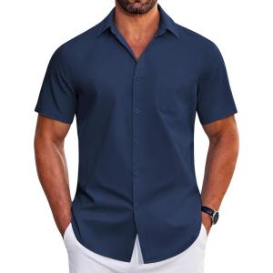 imageCOOFANDY Mens Short Sleeve Dress Shirts Wrinkle Free Business Casual Button Down Shirt with PocketNavy Blue