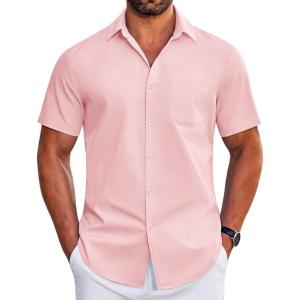 imageCOOFANDY Mens Short Sleeve Dress Shirts Wrinkle Free Business Casual Button Down Shirt with PocketPink