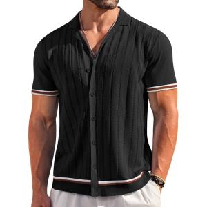 imageCOOFANDY Mens Short Sleeve Knit Shirt Casual Button Down Shirt Vintage Striped Knitted Golf Beach TopsBlack