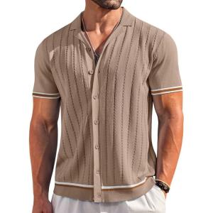 imageCOOFANDY Mens Short Sleeve Knit Shirt Casual Button Down Shirt Vintage Striped Knitted Golf Beach TopsDark Beige