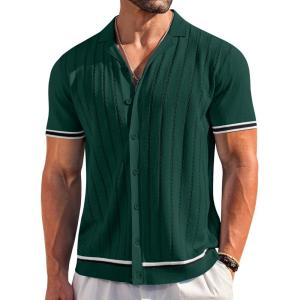 imageCOOFANDY Mens Short Sleeve Knit Shirt Casual Button Down Shirt Vintage Striped Knitted Golf Beach TopsLake Green