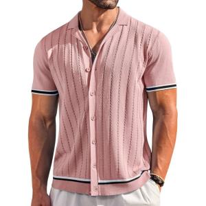 imageCOOFANDY Mens Short Sleeve Knit Shirt Casual Button Down Shirt Vintage Striped Knitted Golf Beach TopsLight Pink