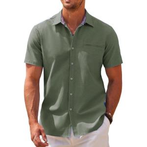 imageCOOFANDY Mens Short Sleeve Oxford Dress Shirt Chambray Button Down Work Shirt Casual Plaid Collar ShirtsArmy Green