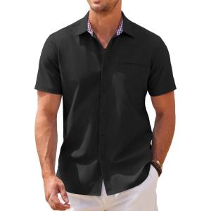 imageCOOFANDY Mens Short Sleeve Oxford Dress Shirt Chambray Button Down Work Shirt Casual Plaid Collar ShirtsBlack